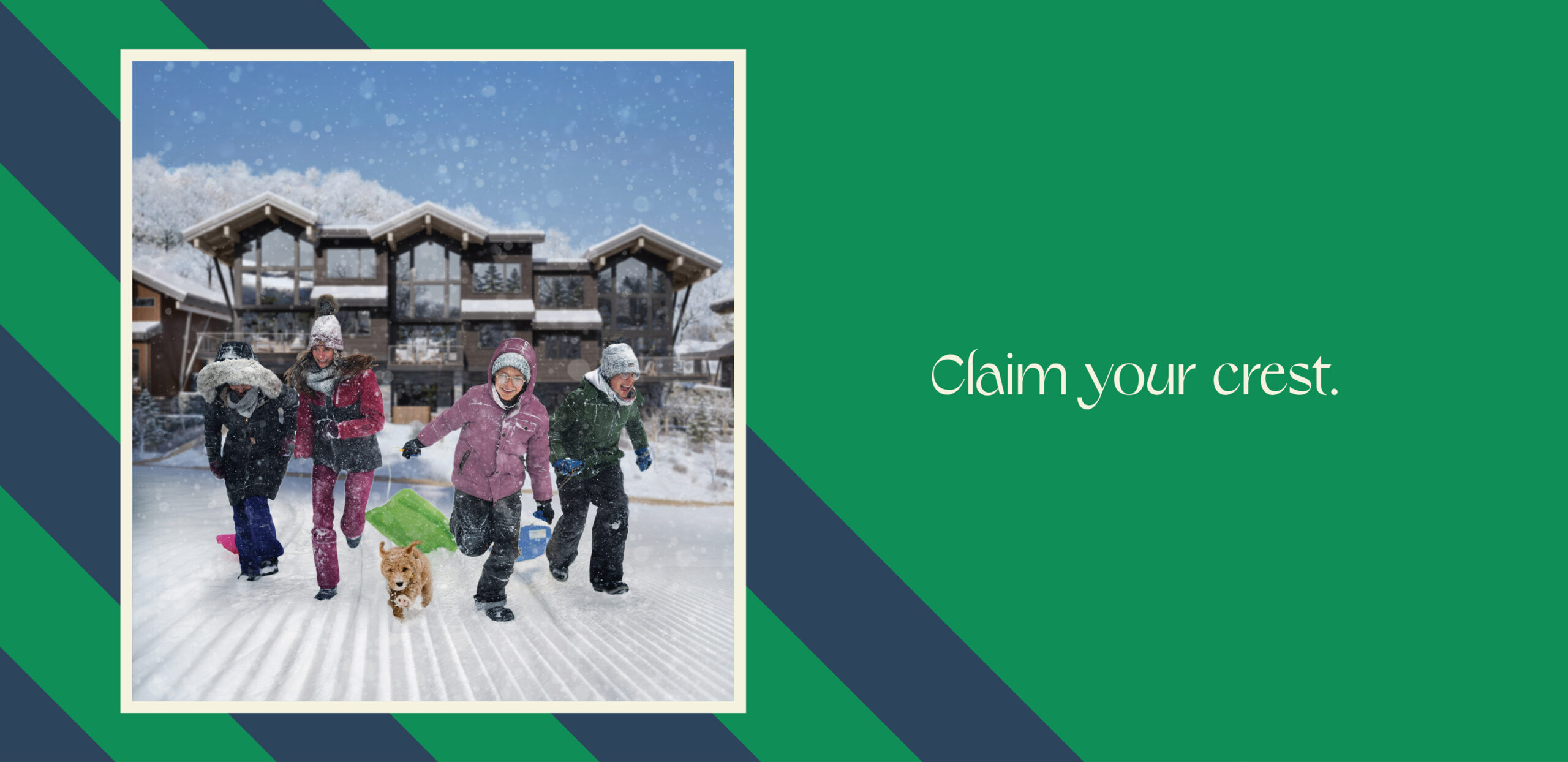 The Havens family with dog running in snow