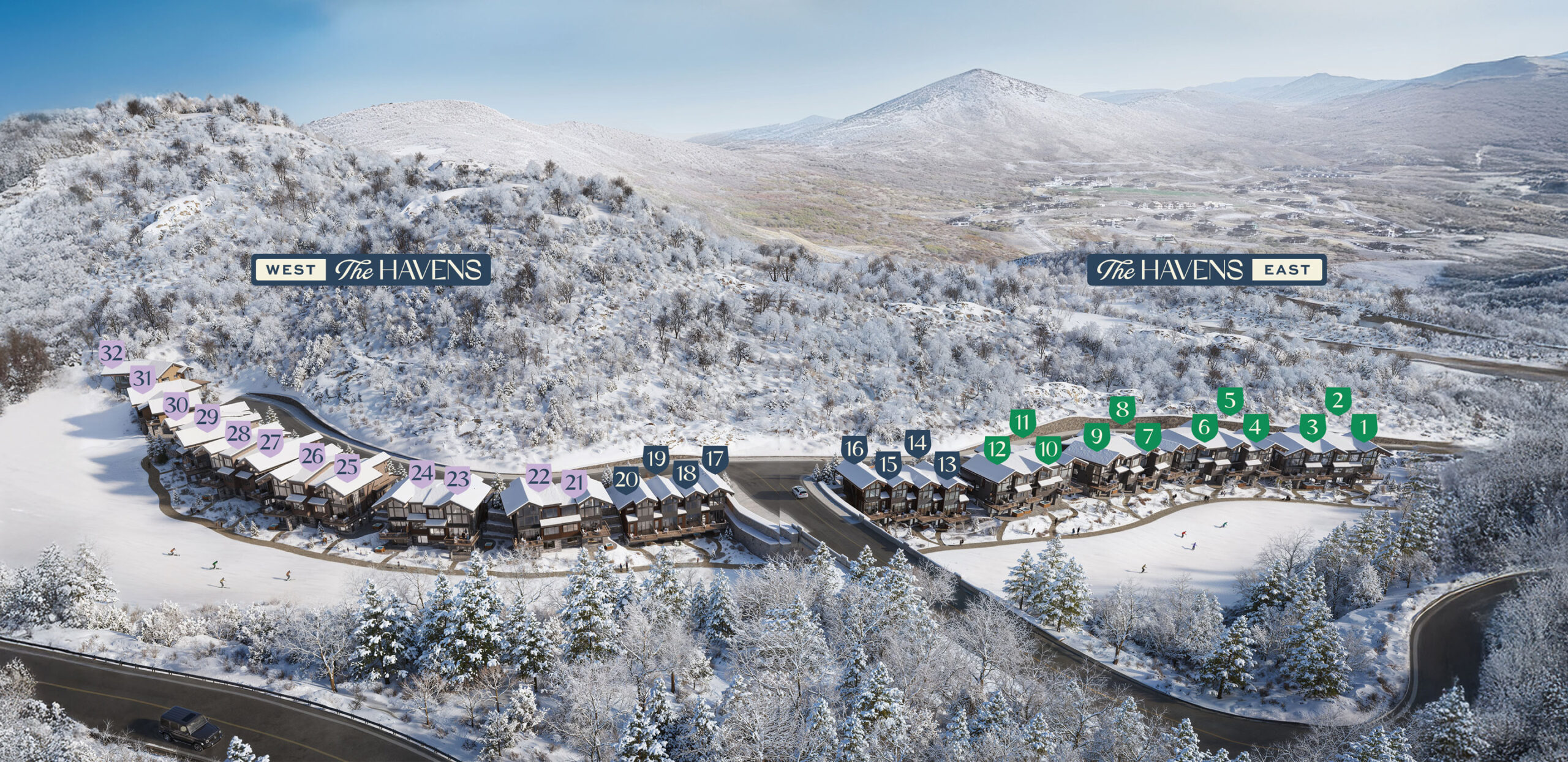 The Havens areal rendering of townhomes