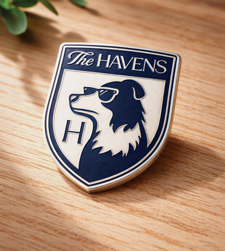 The Havens pin with logo and dog