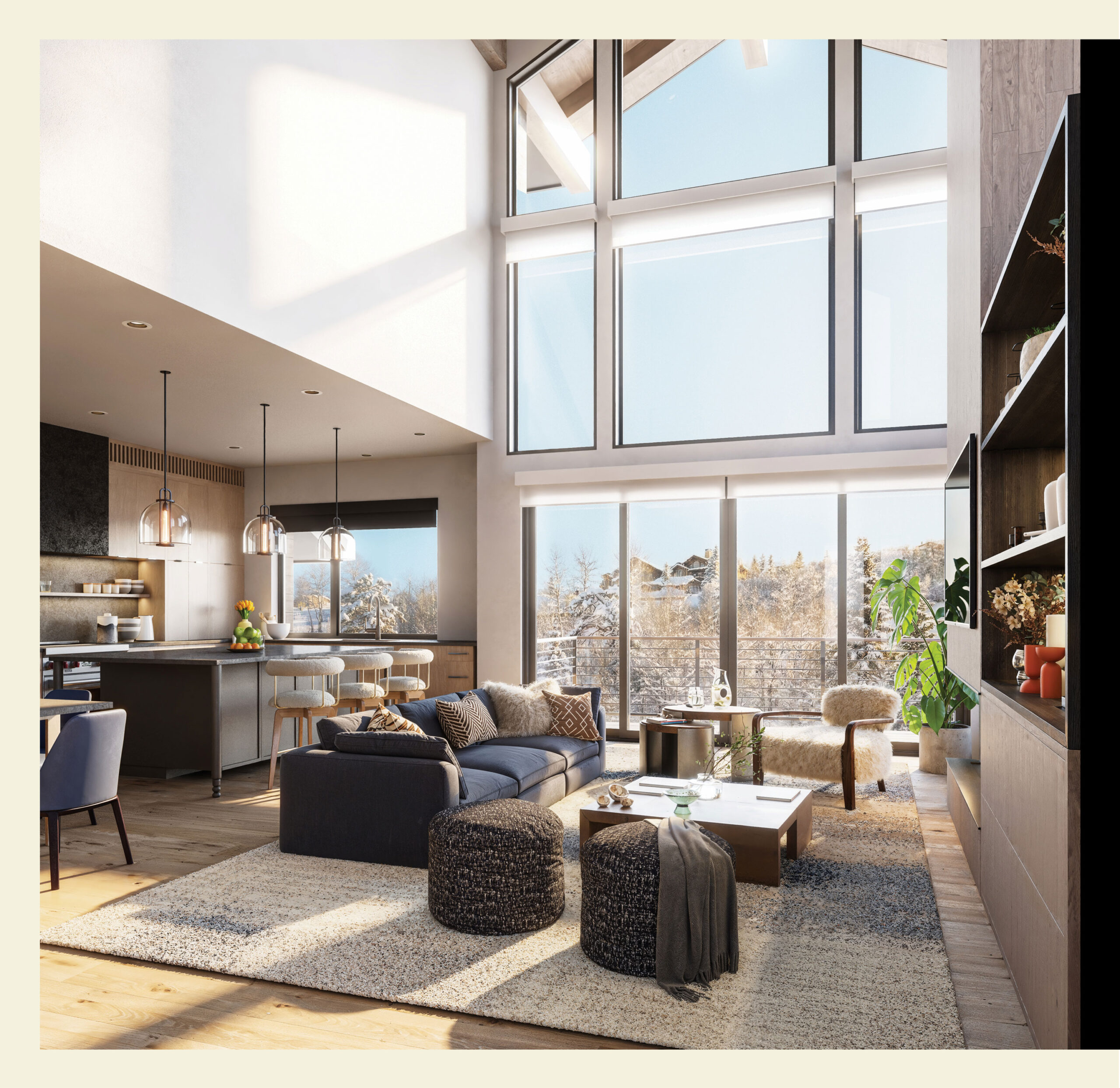 The Havens interior rendering of kitchen and great room