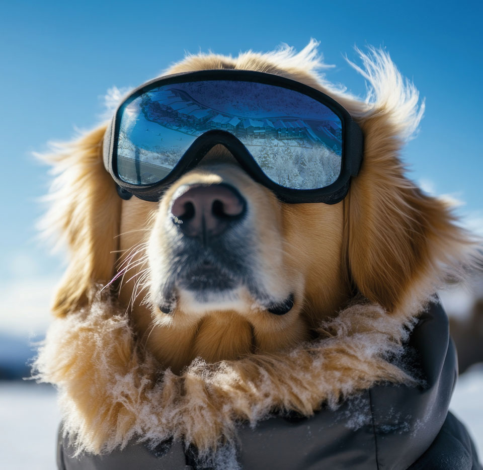 The Havens Dog with Ski Goggles on