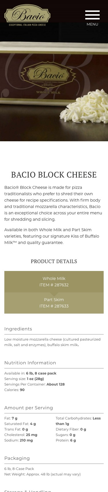 Bacio Cheese website mobile