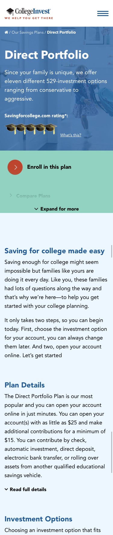 College Invest website mobile