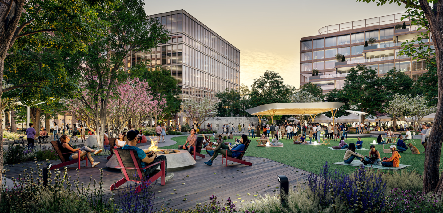 Cherry Creek West Rendering of exterior buildings and park space