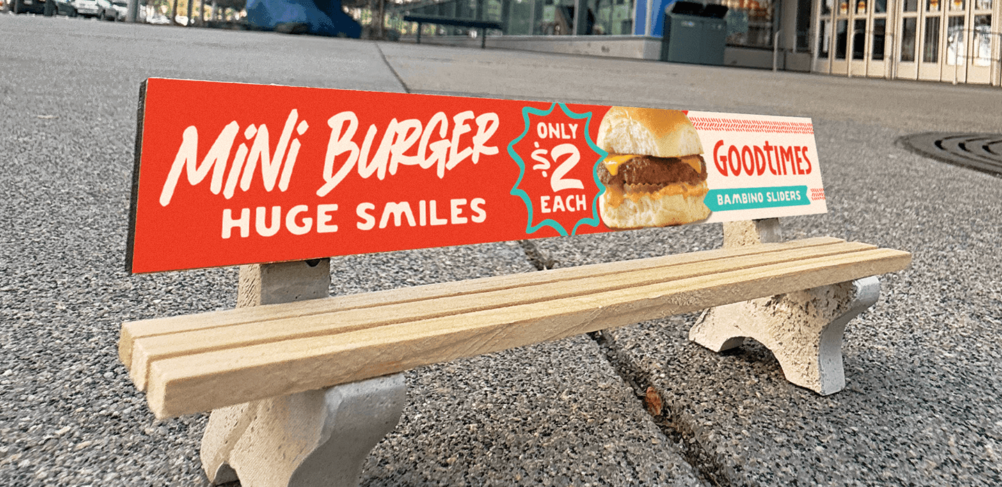 Mini bench advertising for Good Times mini burgers